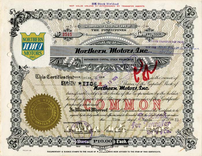Northern Motors, Inc. - Stock Certificate